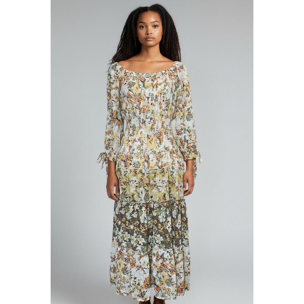 Anthropologie Fig & Flower Womens Sheer Floral Tiered Dress Smocked Milkmaid